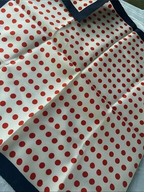 Cream and Red Polka Dot Silk Scarf with Navy Border